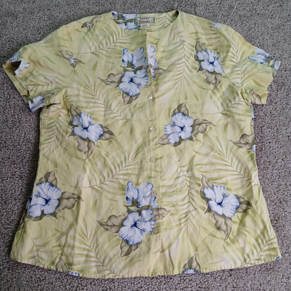 Tommy Bahama Womens Large Silk Linen Tropical Floral Hibiscus Button Up Shirt